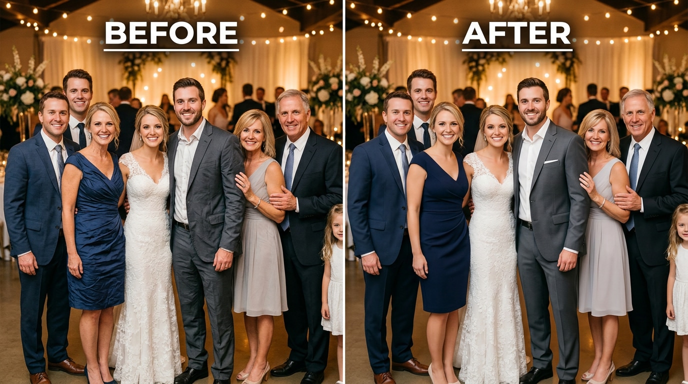 wrinkled formal clothing in wedding group photo repaired to smooth pressed appearance