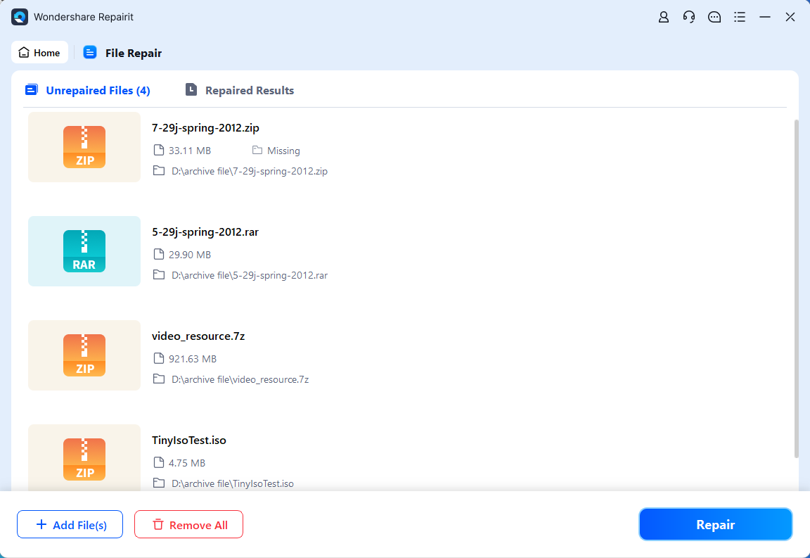 click repair after adding archive files