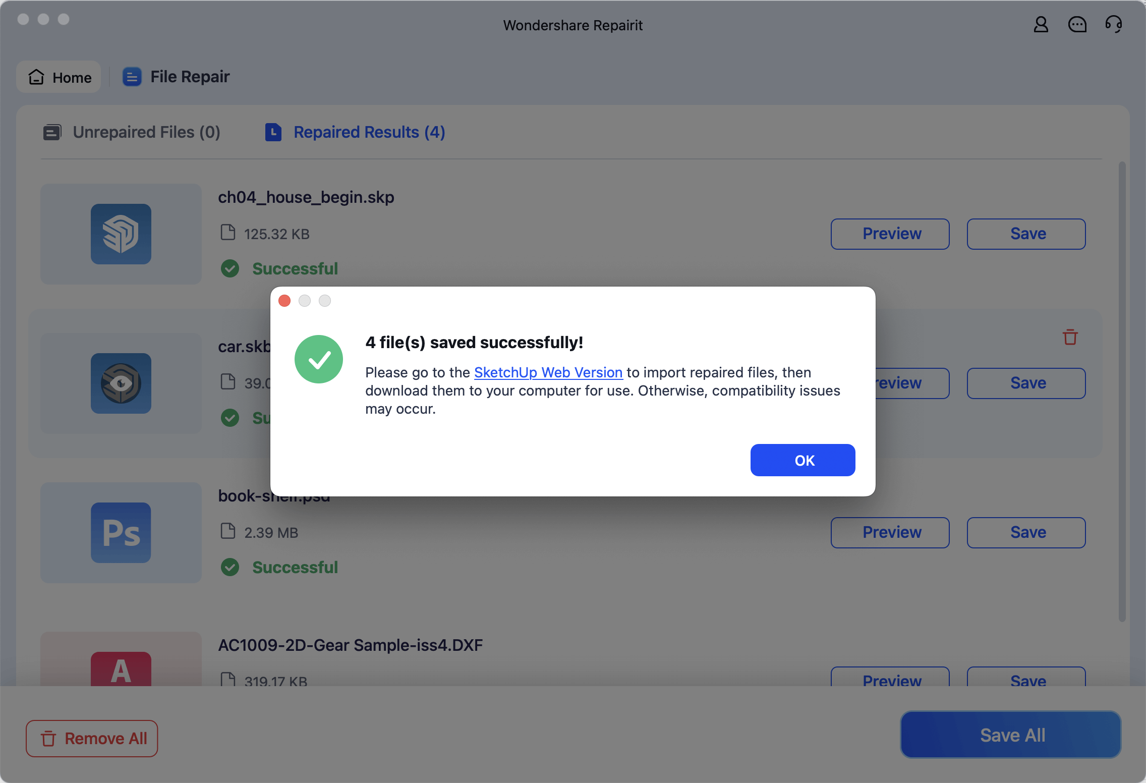 save the repaired engineering files on mac