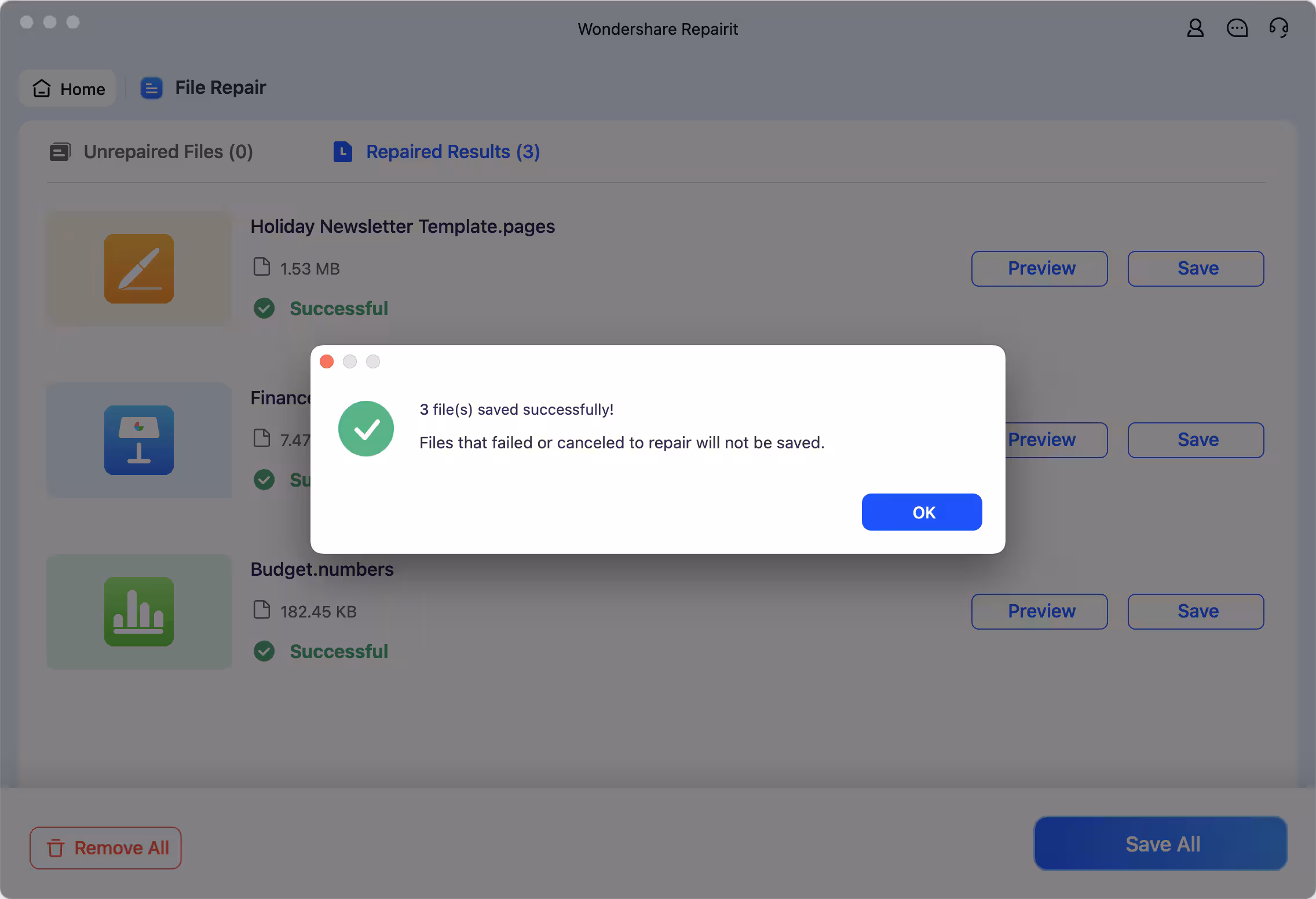 repairit download repaired iWork file