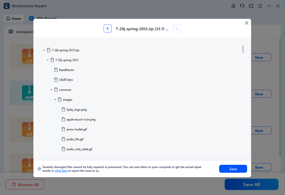 preview and download the repaired archive files