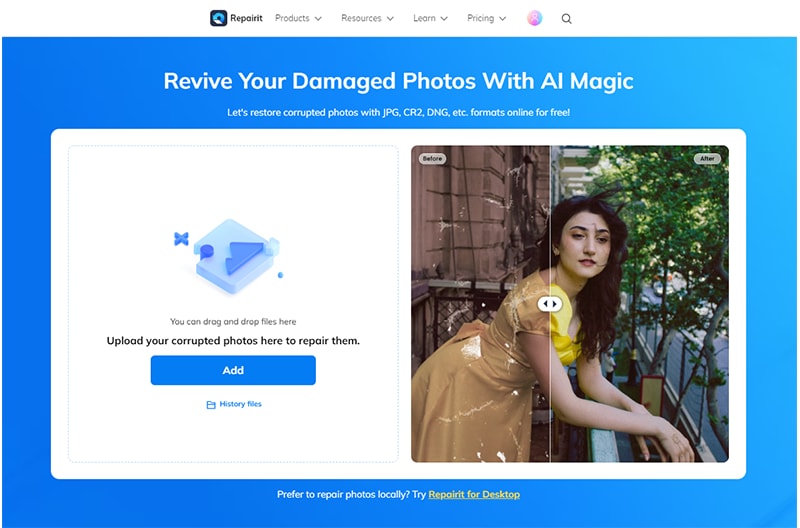 wondershare online photo repair tool user interface