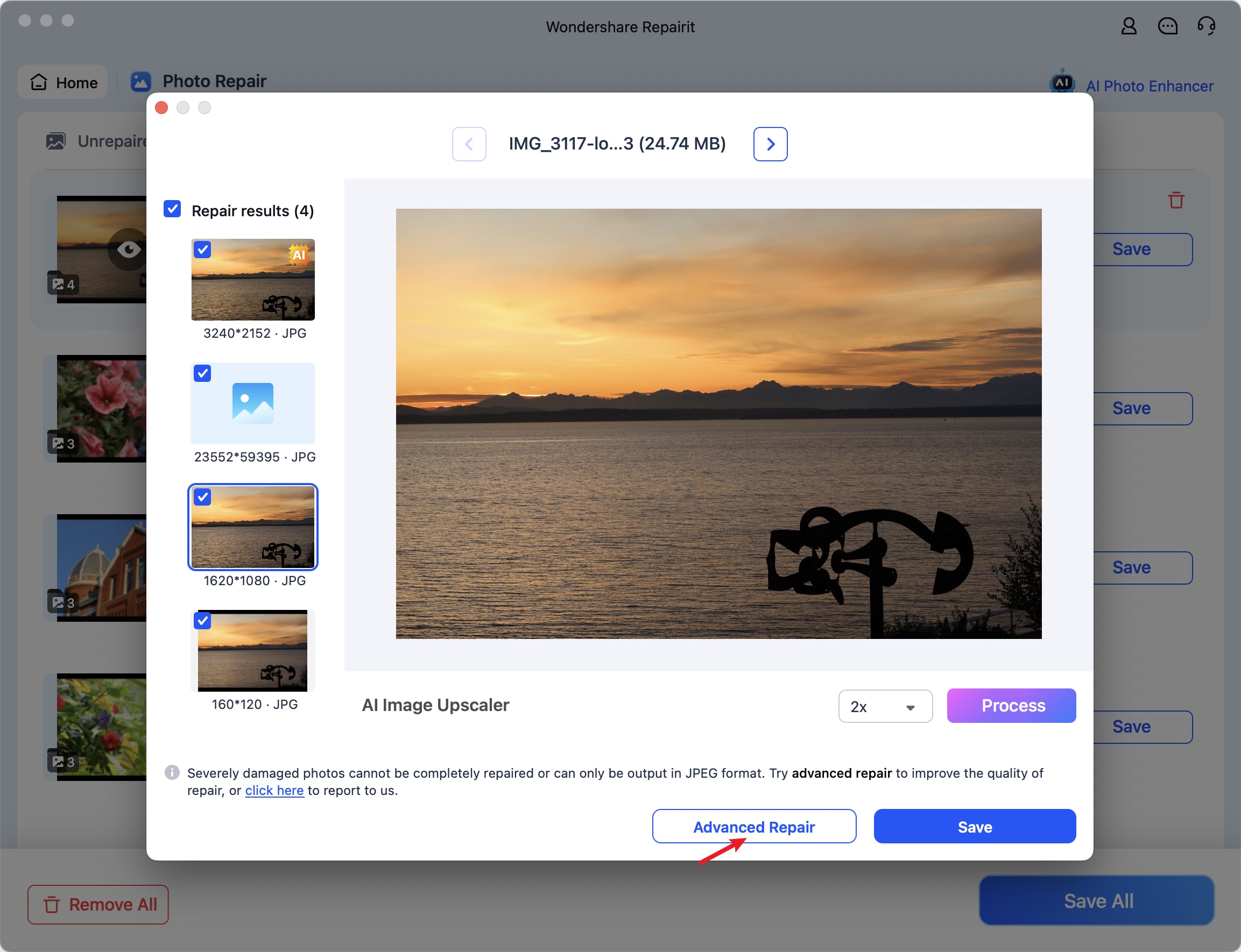 optar pelo reparo avançado de fotos no mac