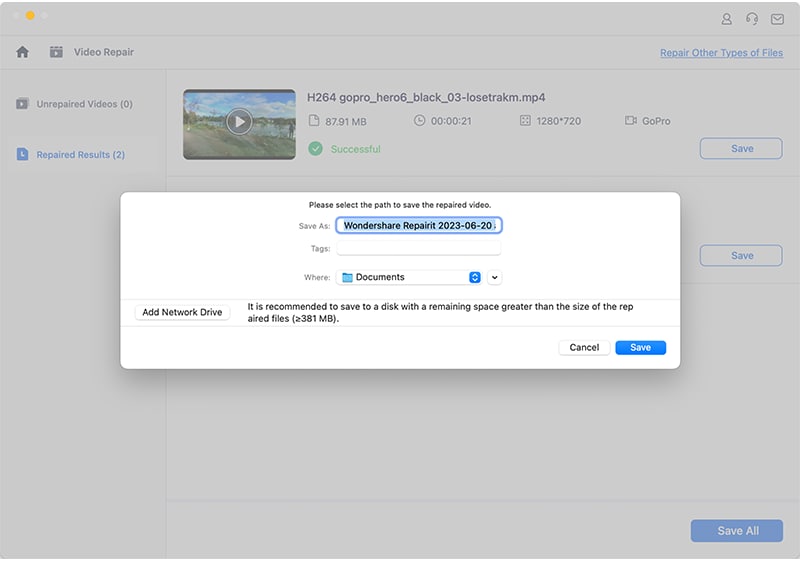 save repaired video files on mac