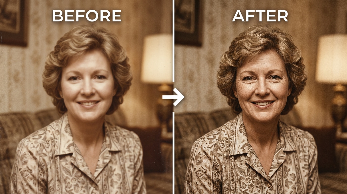 scanned 1980s photo with blurry waxy skin restored to natural grain and pore detail