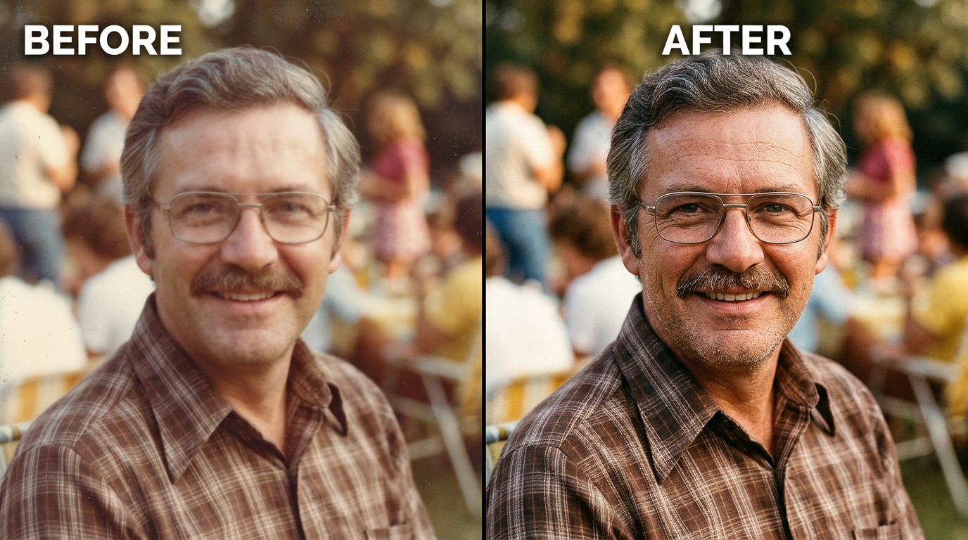 scanned vintage 1970s family portrait skin texture restored from blurry waxy surface to natural film grain