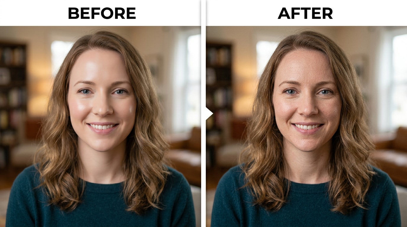 over-retouched studio senior portrait with plastic skin texture restored to natural pore structure