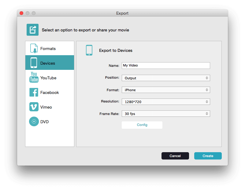 La opción de dispositivo de exportación de Filmora Mac