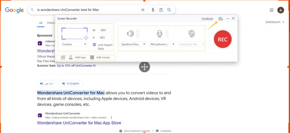 adjusting the screen recording setting in UniConverter