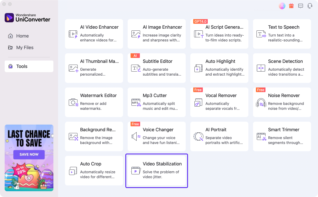 Launch Wondershare UniConverter and choose Video Stabilization.