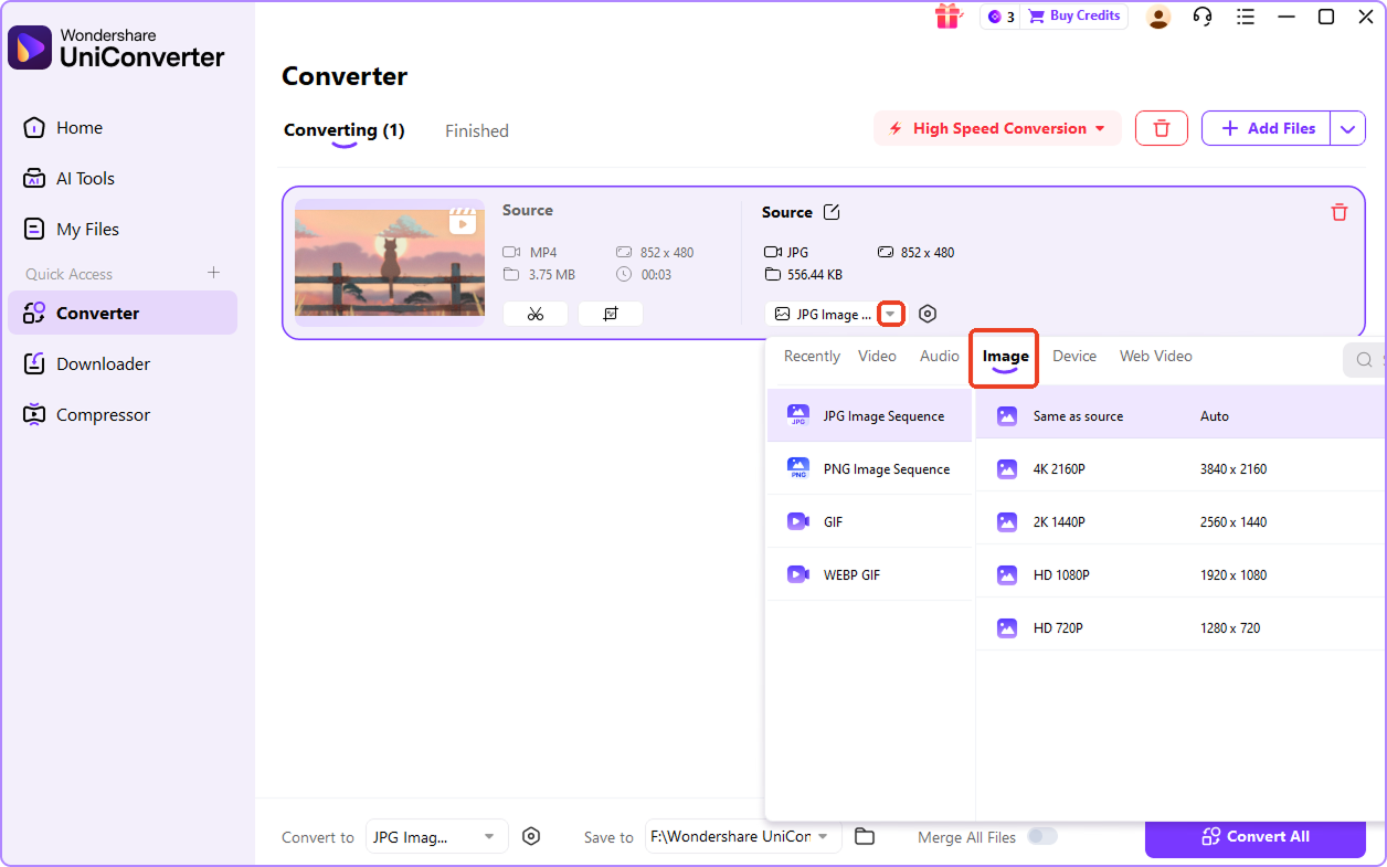 choose output format jpg sequence or png sequence