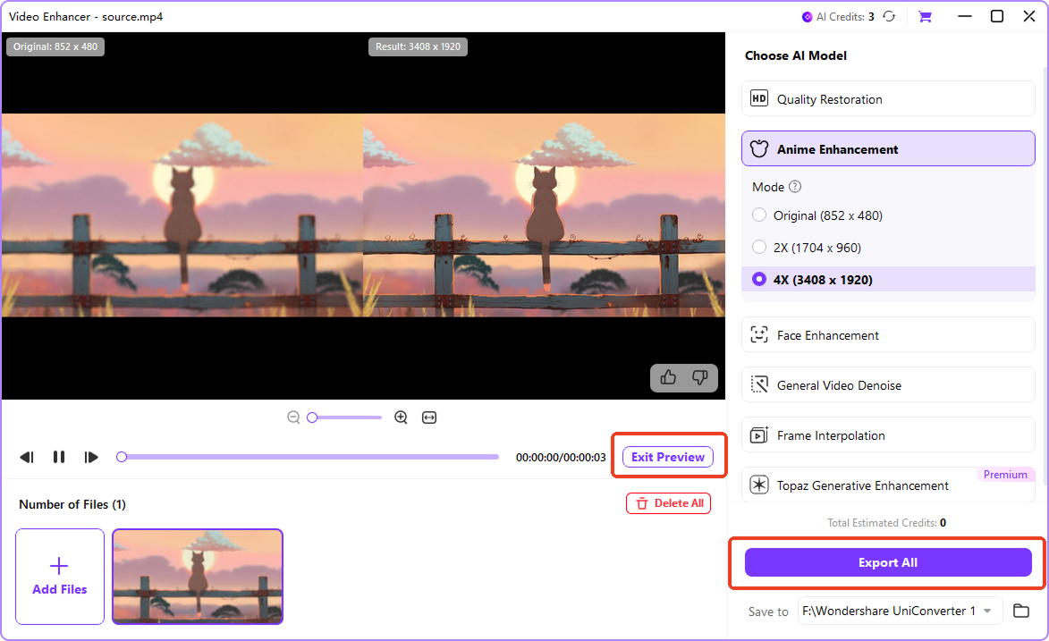 preview upscaled video and export