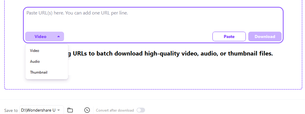UniConverter Windows V17 Downloader URL input with Video selected and Save to location control