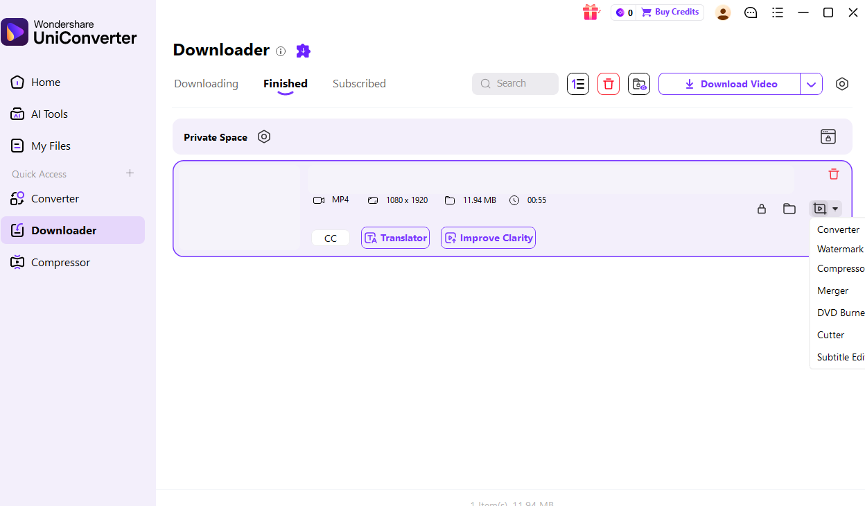 UniConverter Windows V17 Finished tab showing completed-file metadata, folder control, and Converter and Compressor follow-up tools
