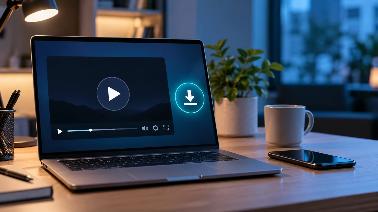 Laptop displaying a non-explicit video player with a download symbol