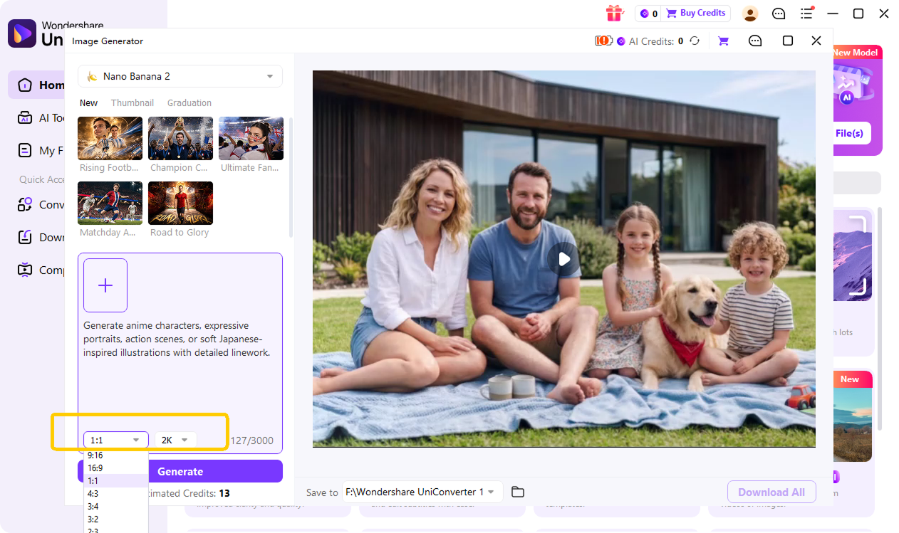 select an aspect ratio and output resolution for AI art
