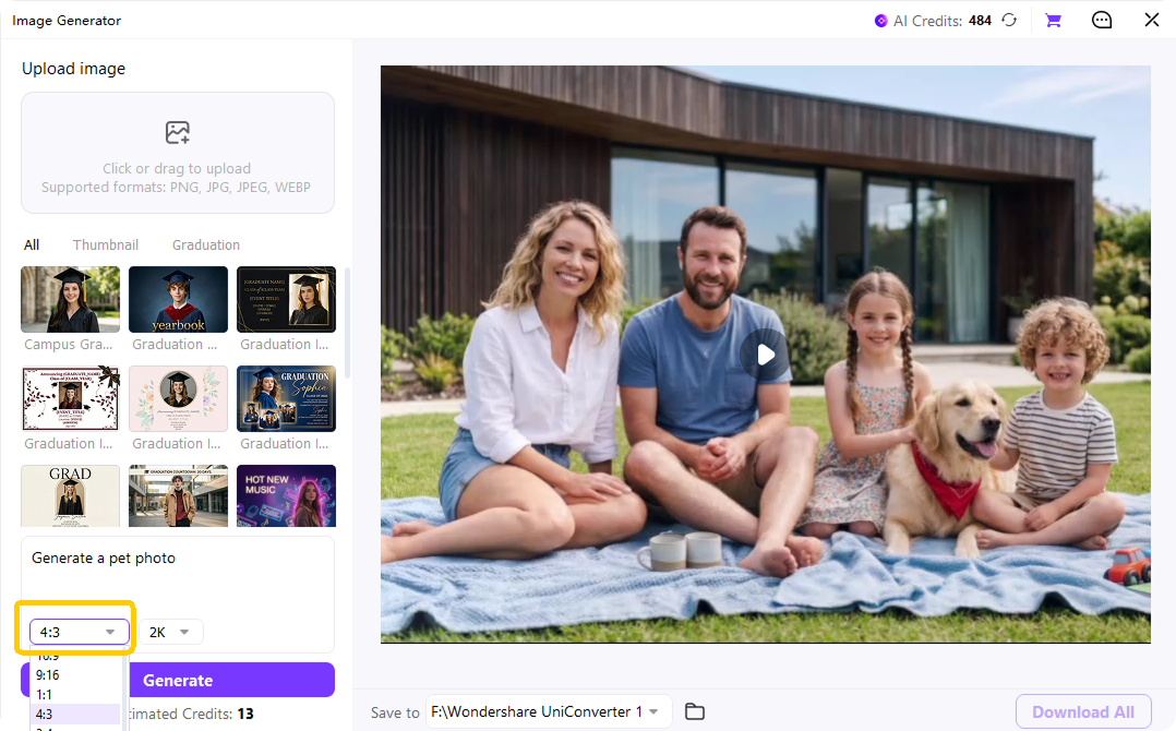 choose aspect ratio and style for ai image generation