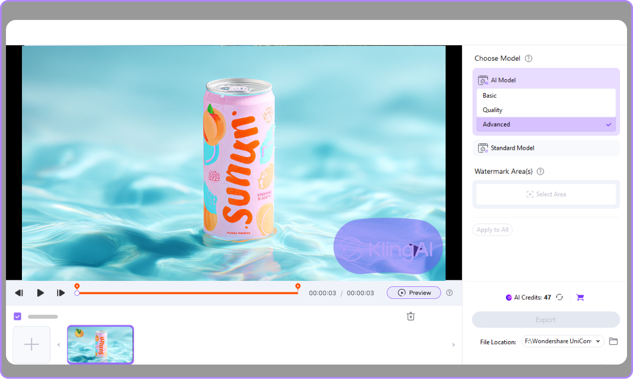 select kling watermark and set time range