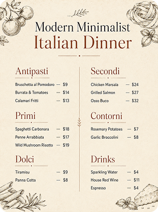 modern minimalist italian dinner menu prompt