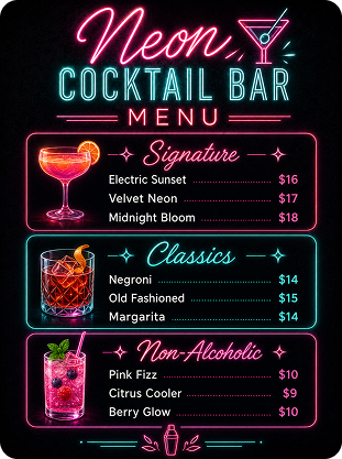 neon cocktail bar menu prompt