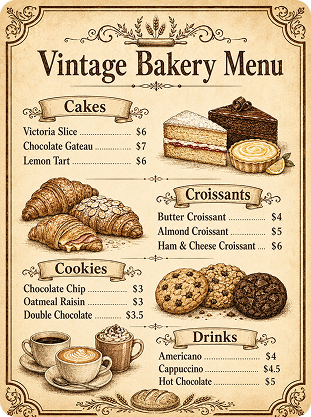 vintage bakery menu prompt