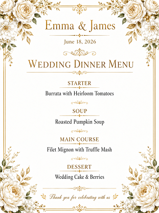 luxury wedding dinner menu prompt