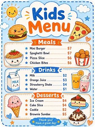hand drawn kids menu prompt