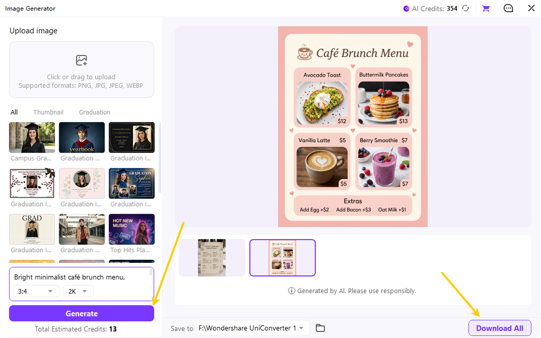 generate refine and download ai menu card