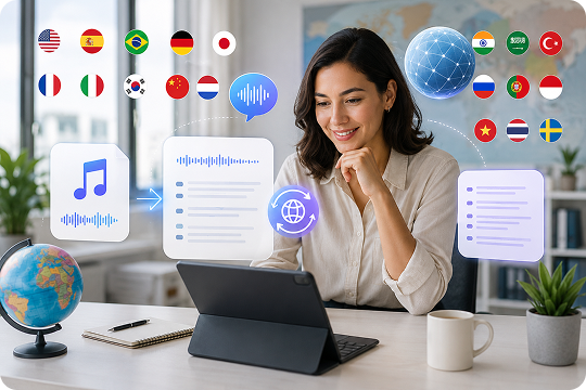 transcribe and translate mp3 in 20 plus languages