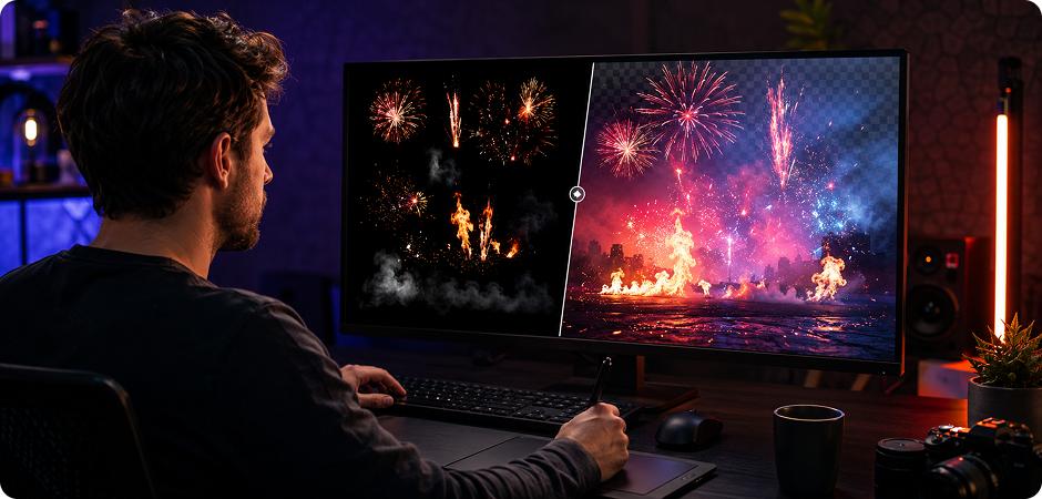 remove black background from fireworks flames and smoke