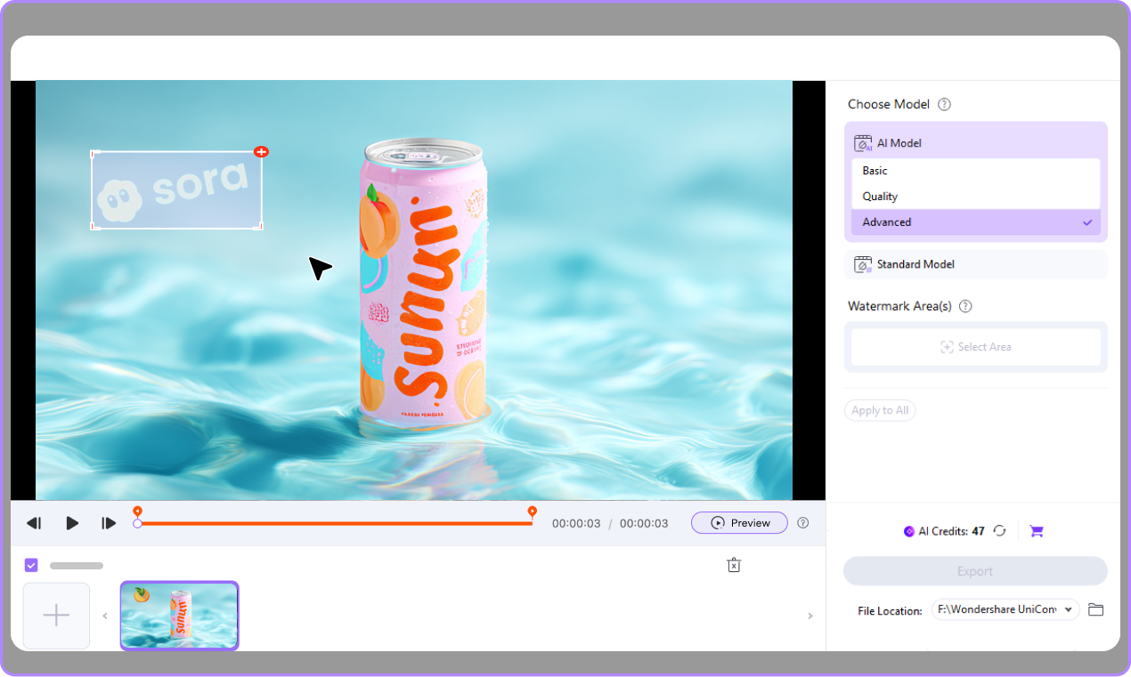 choose watermark removal and adjust timing for sora video