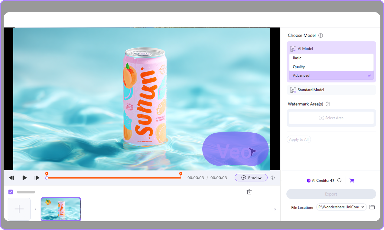 select veo watermark area and time segment