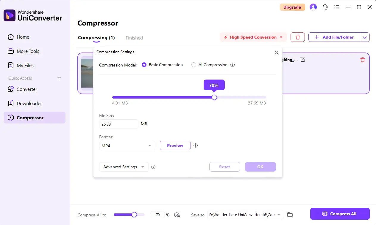 保存したローカル動画に対するUniConverterの動画圧縮設定