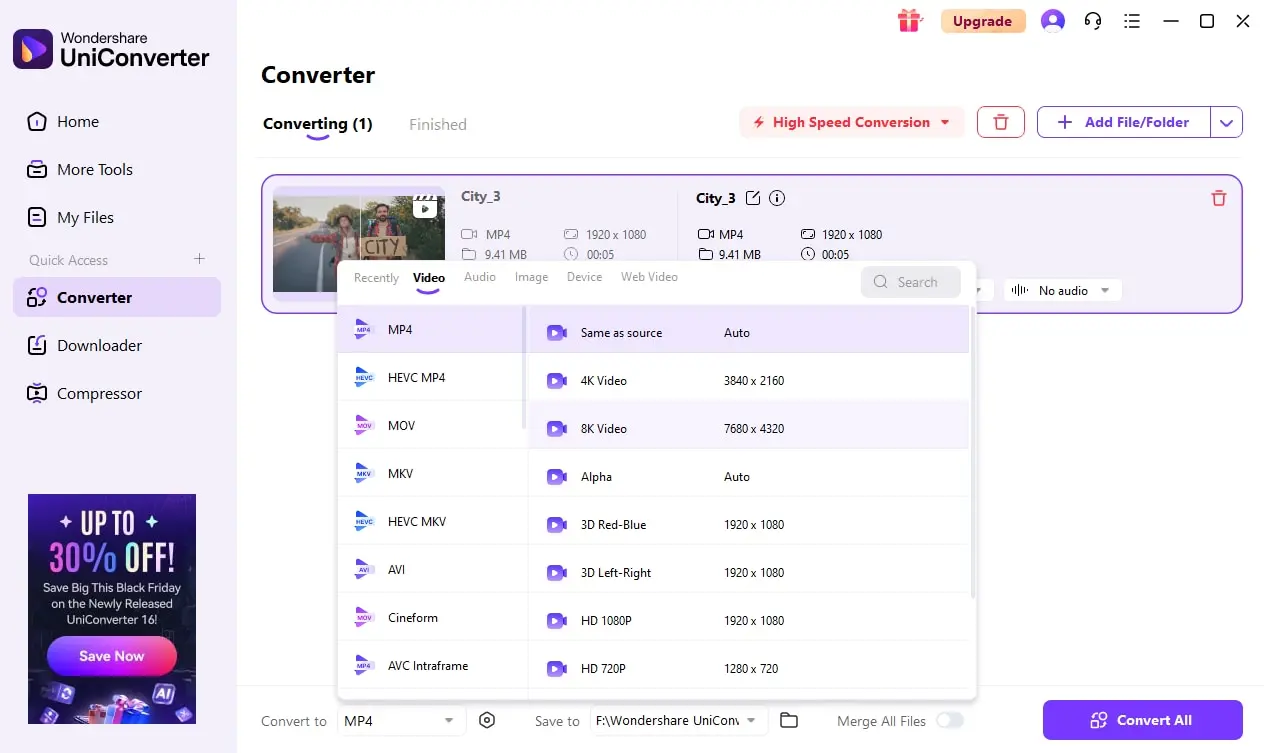 保存したローカル動画に対するUniConverterの出力形式メニュー