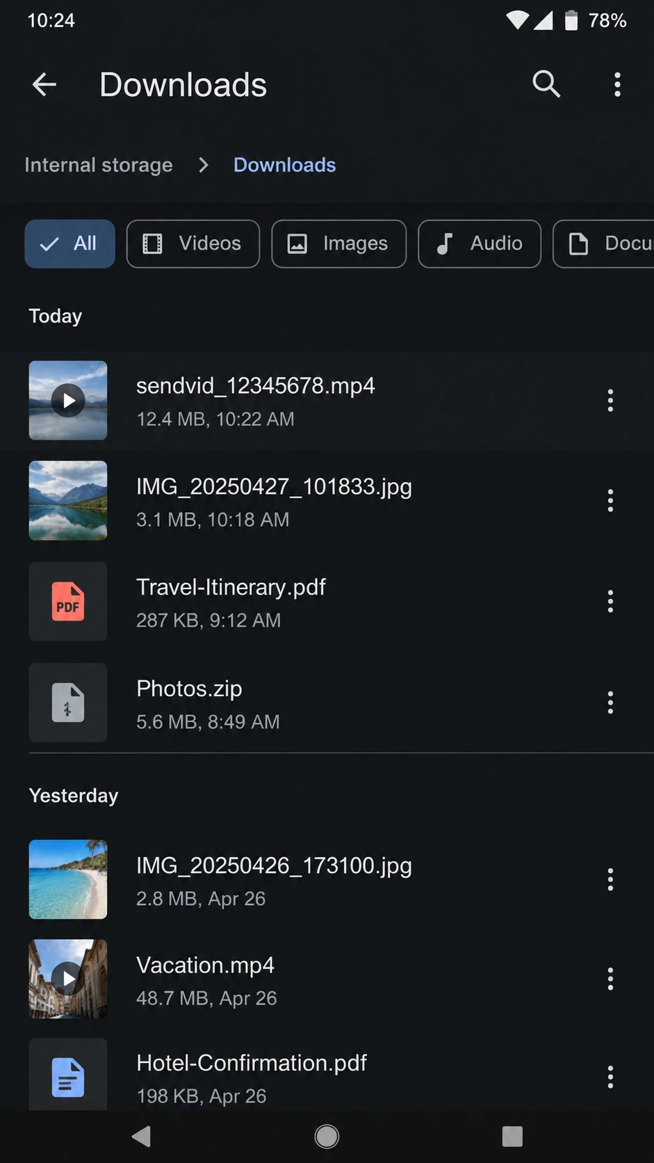 Android Files app or Chrome Downloads showing a downloaded video file