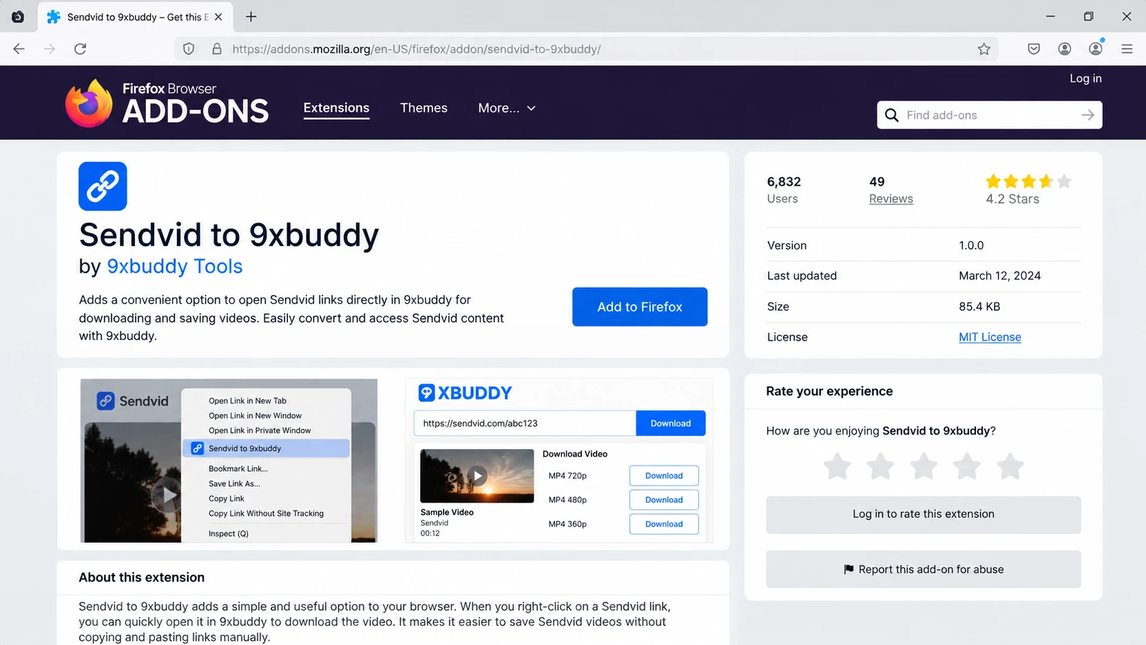 Firefox Add-ons page for the Sendvid to 9xbuddy extension