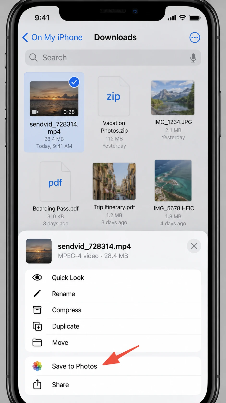 iPhone Files app showing the Downloads folder