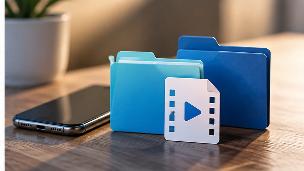 Phone beside folders and a video file icon illustrating saved downloads