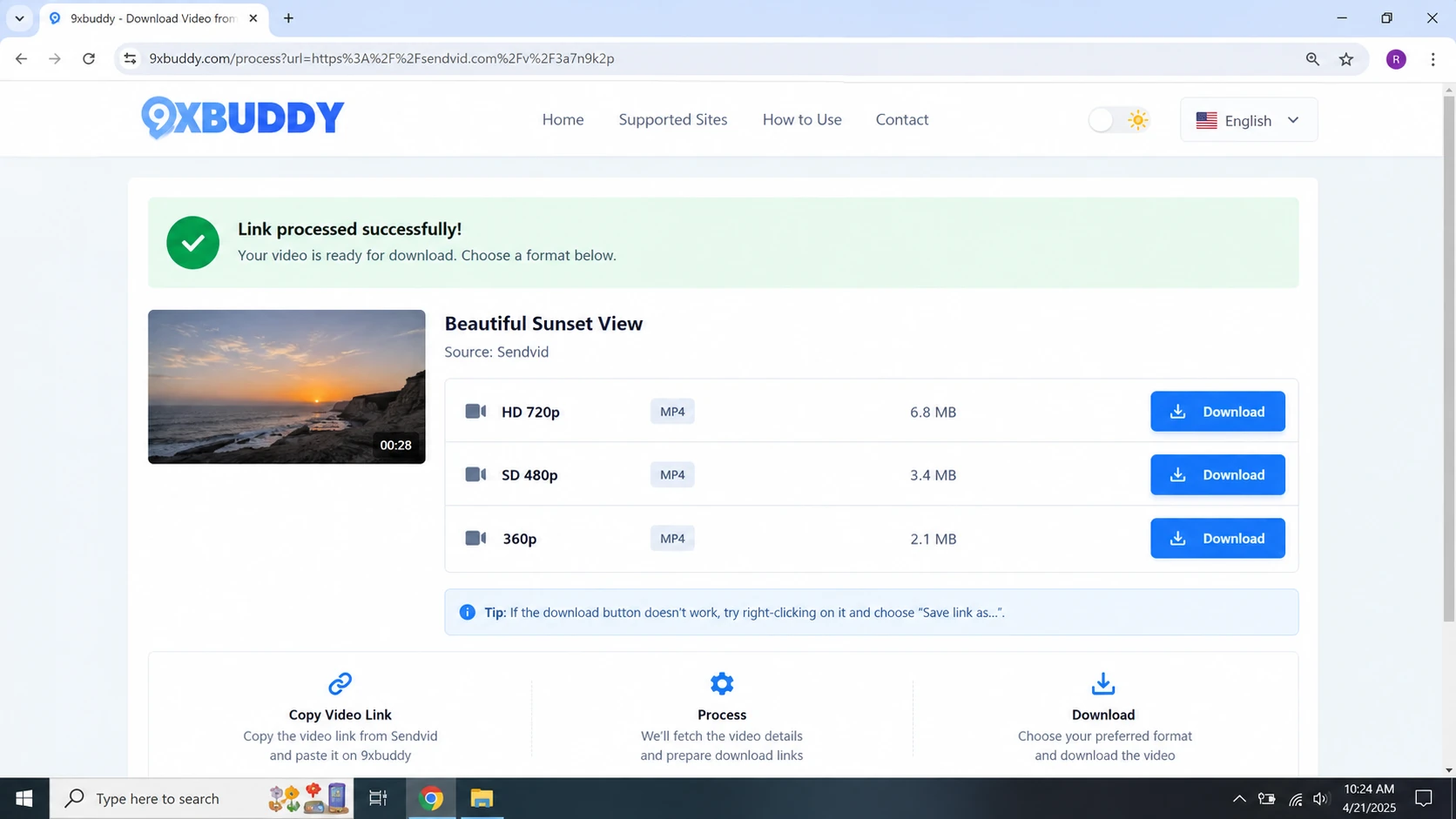 Actual 9xbuddy result interface showing available download choices