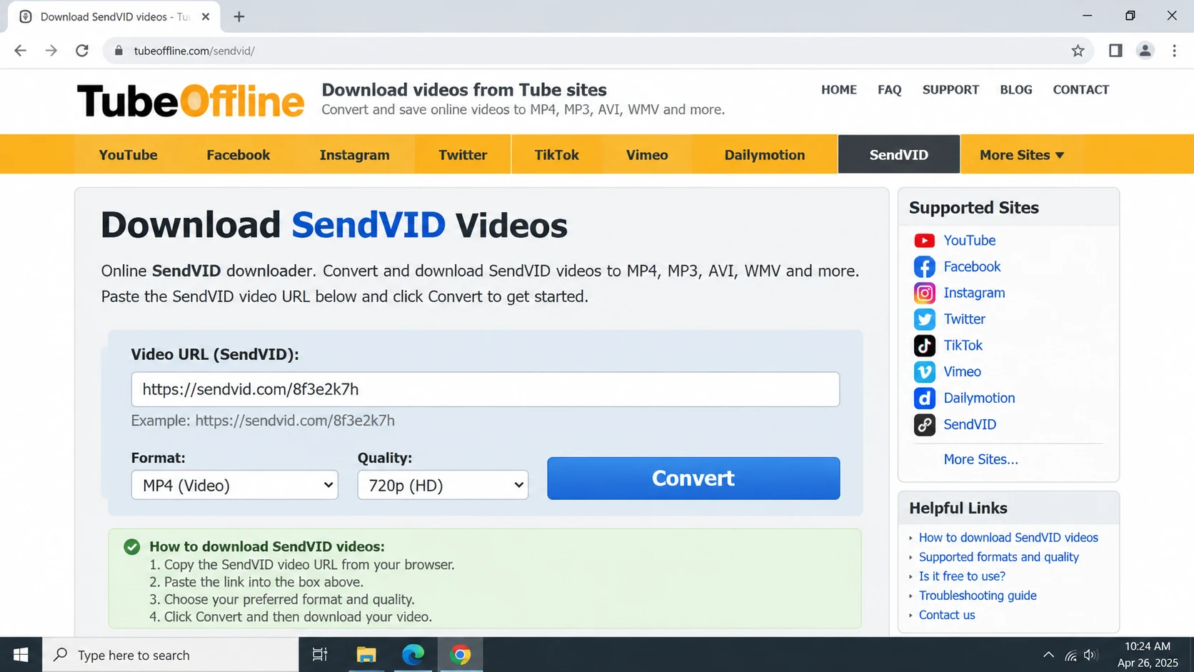 TubeOffline SendVID page showing the video URL field and conversion controls