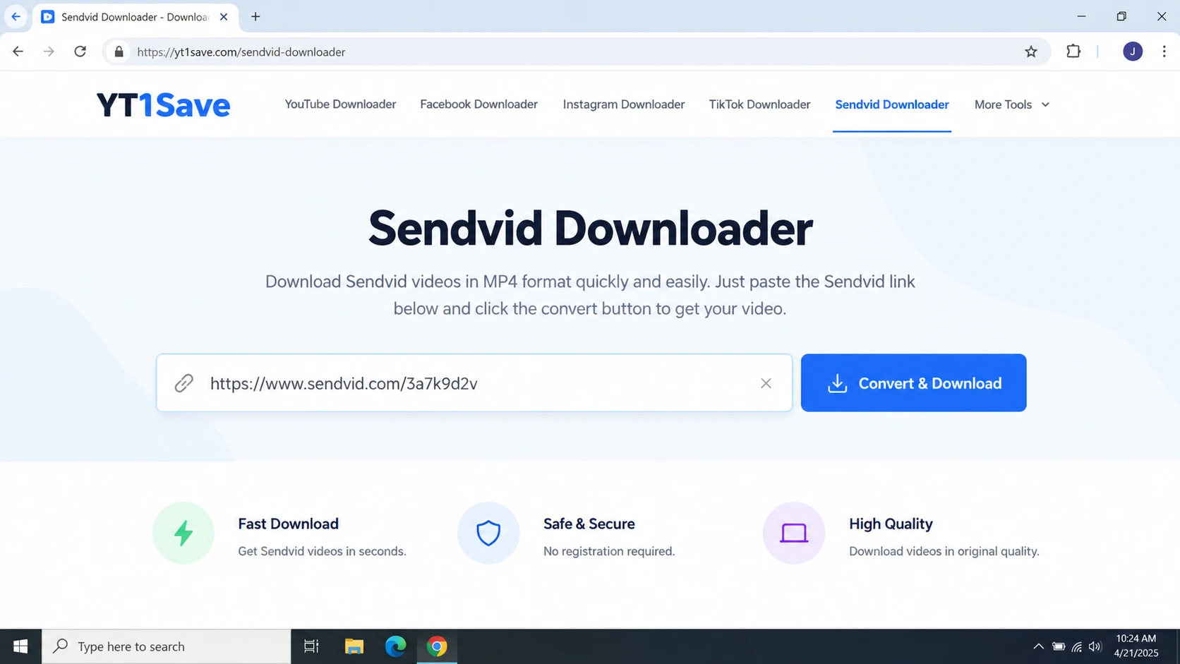 YT1Save Sendvid page with a URL input and Convert action