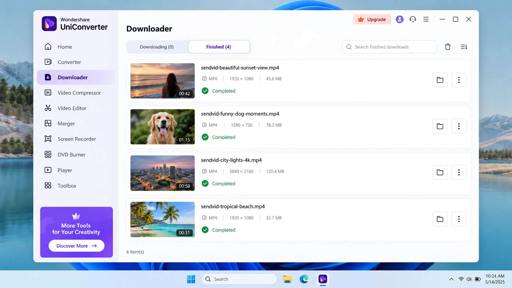 Wondershare UniConverter Finished tab showing the file-location control