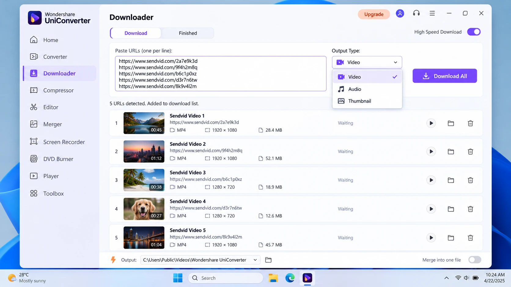 Wondershare UniConverter Downloading tab with multiple queued video tasks