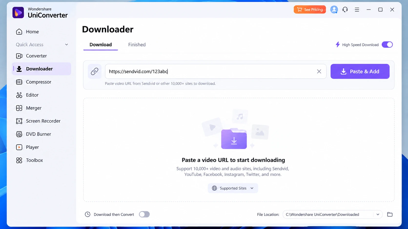 Wondershare UniConverter Downloader entry and URL field