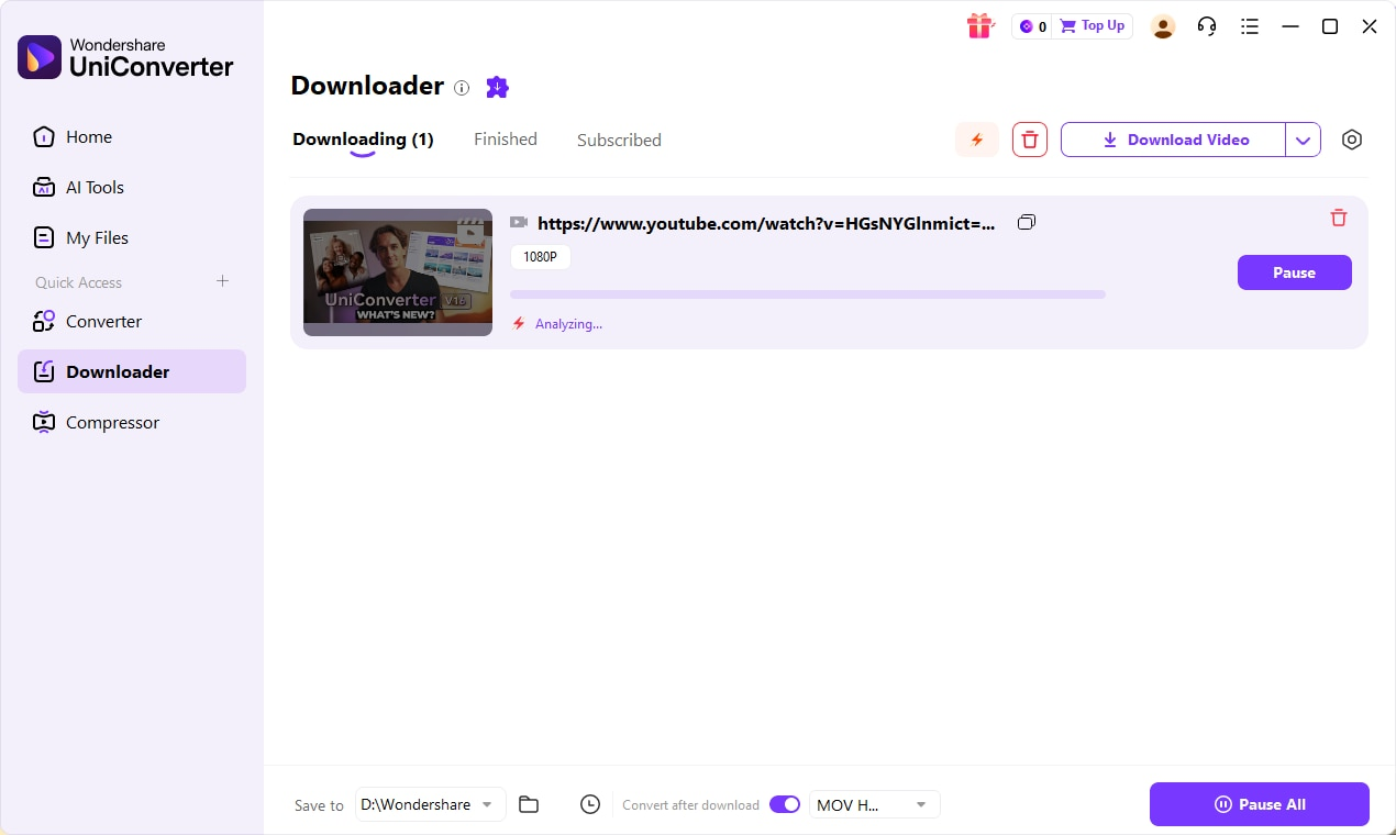 UniConverter Downloader displaying a URL analysis task