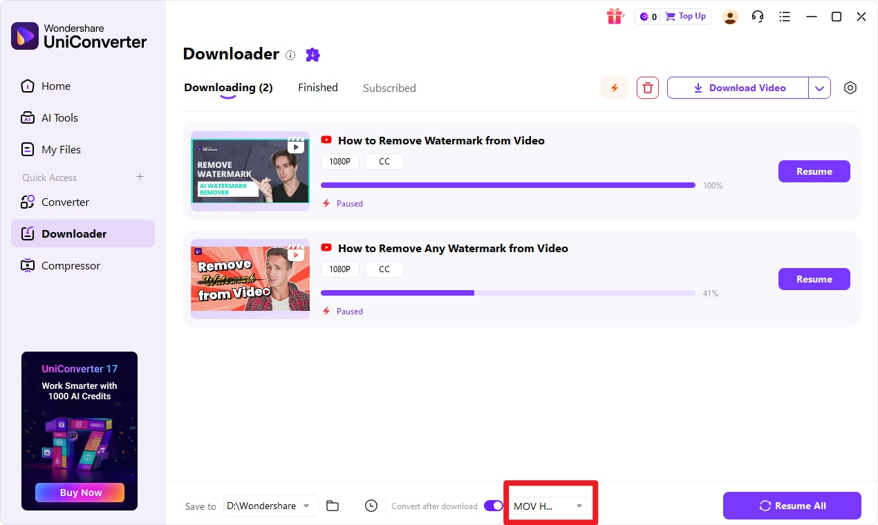 UniConverter Downloader displaying multiple queued files