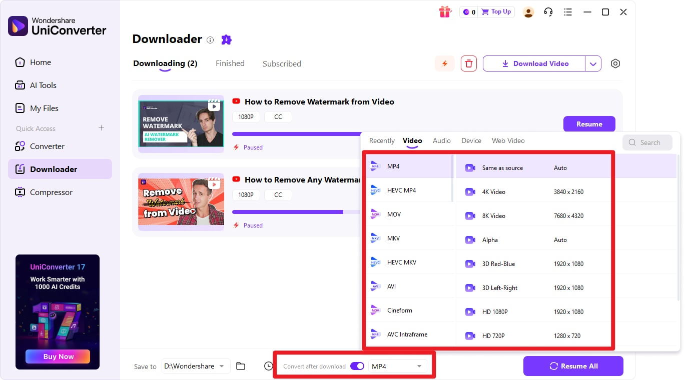 UniConverter Downloader with Convert after download enabled and a format and resolution panel open