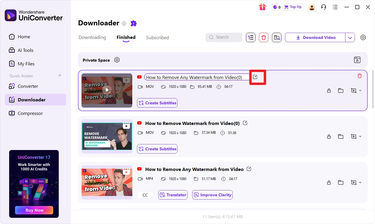 UniConverter Finished tab listing completed downloads with rename and folder actions