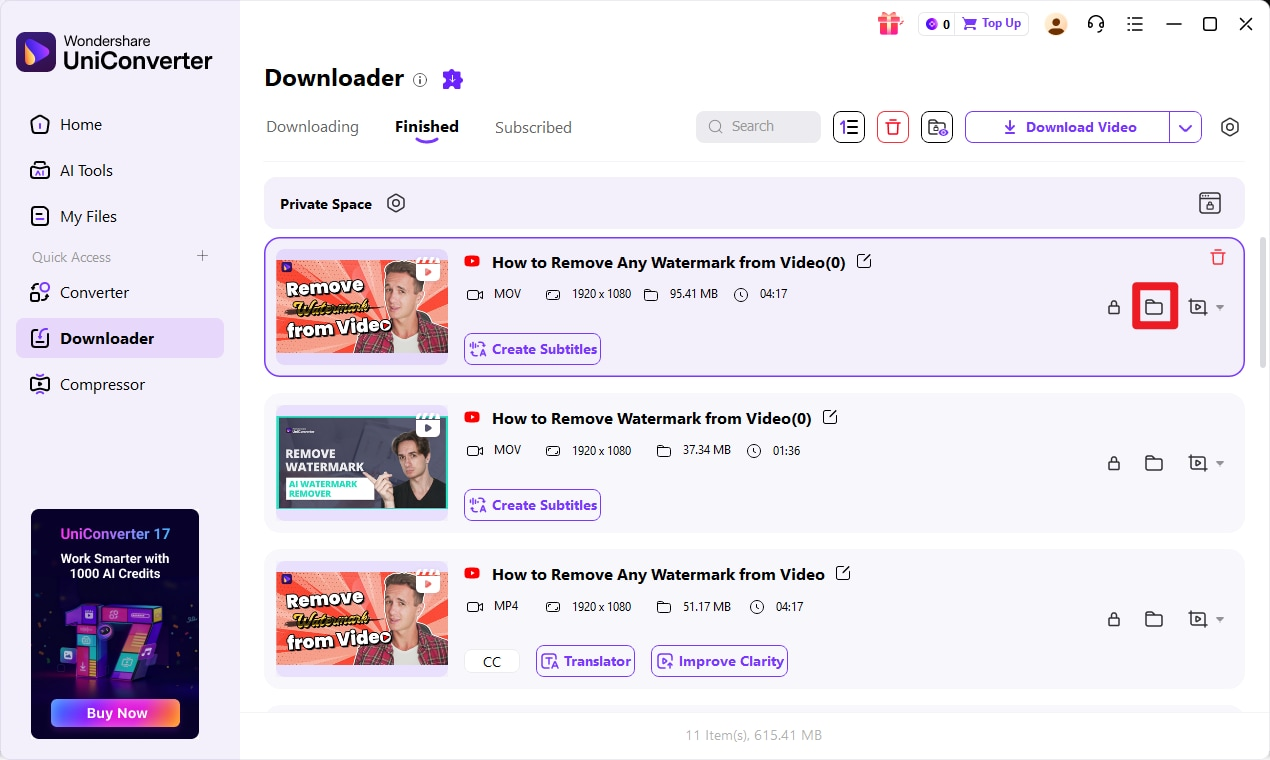 Folder control in UniConverter Finished tab