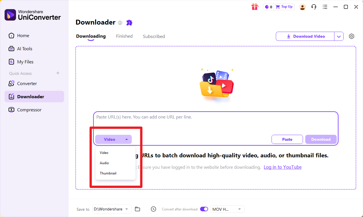 Downloader selector for video, audio, or thumbnail